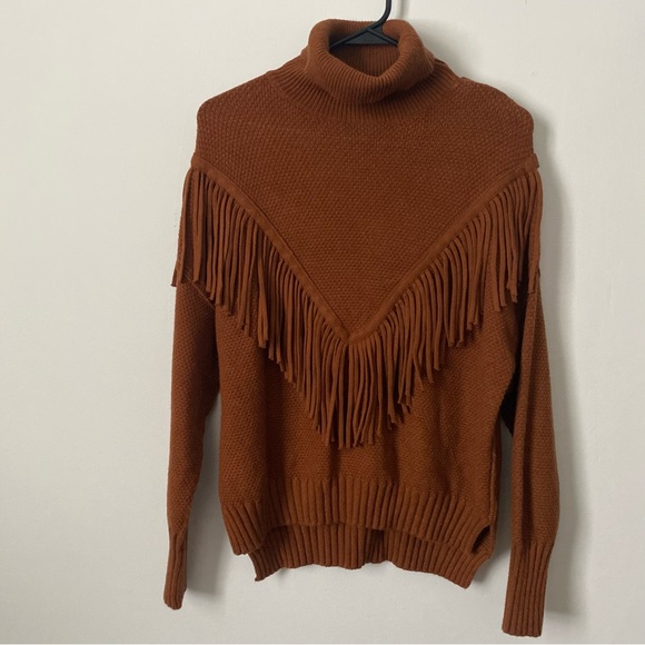 Philosophy Brown Cowl Turtleneck Sweater with Fringe Detail - Picture 2 of 8